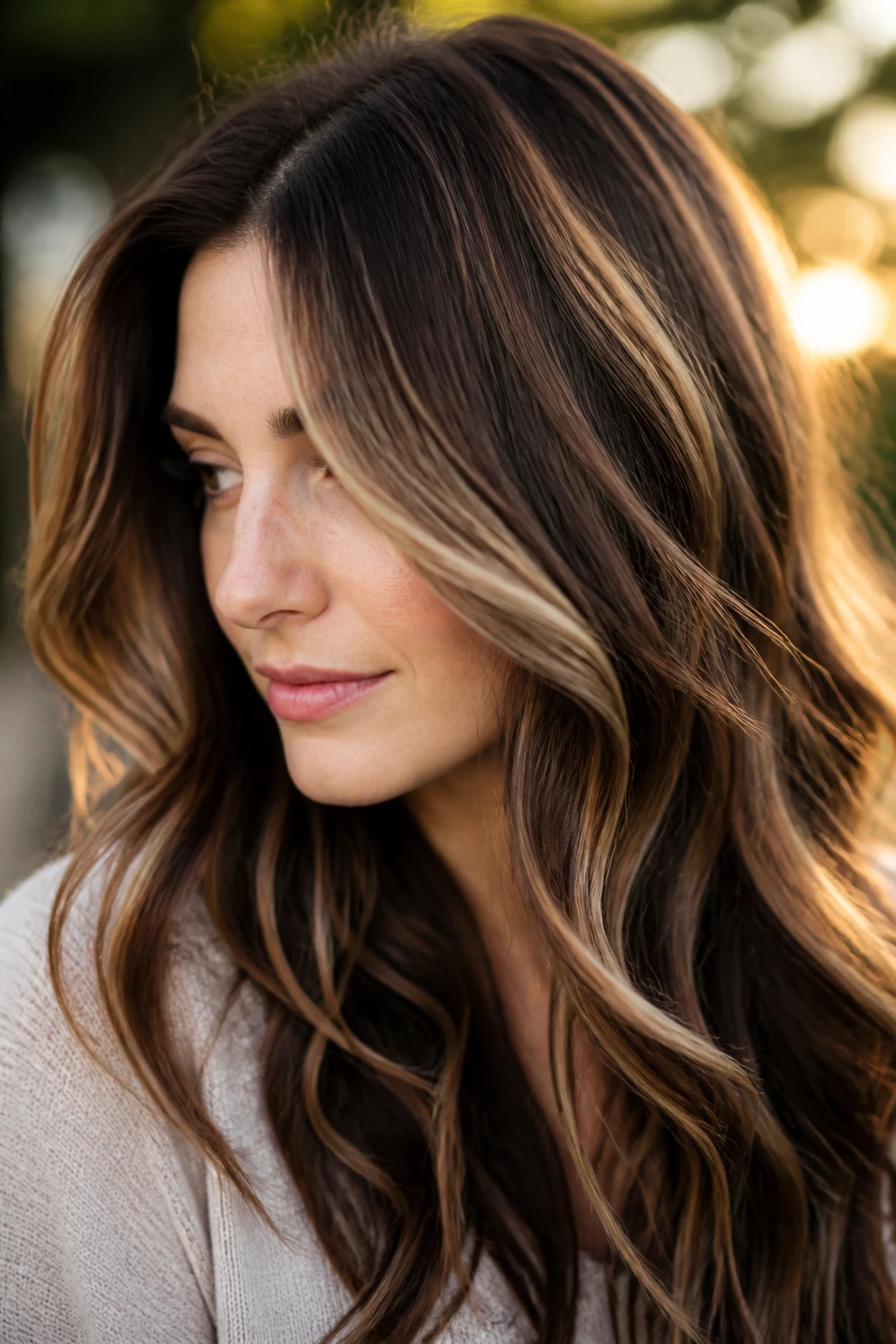Close-up of walnut ribbon balayage on fair skin