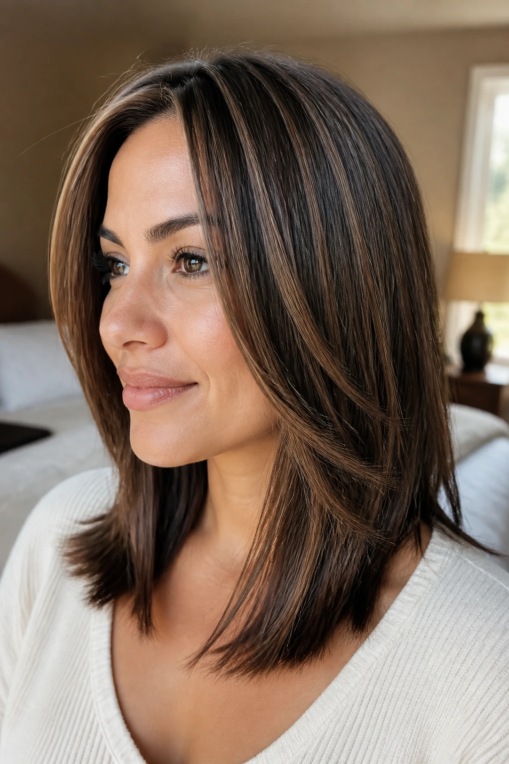 Close-up portrait of real hair with walnut ribbon highlights on shoulder-length hair