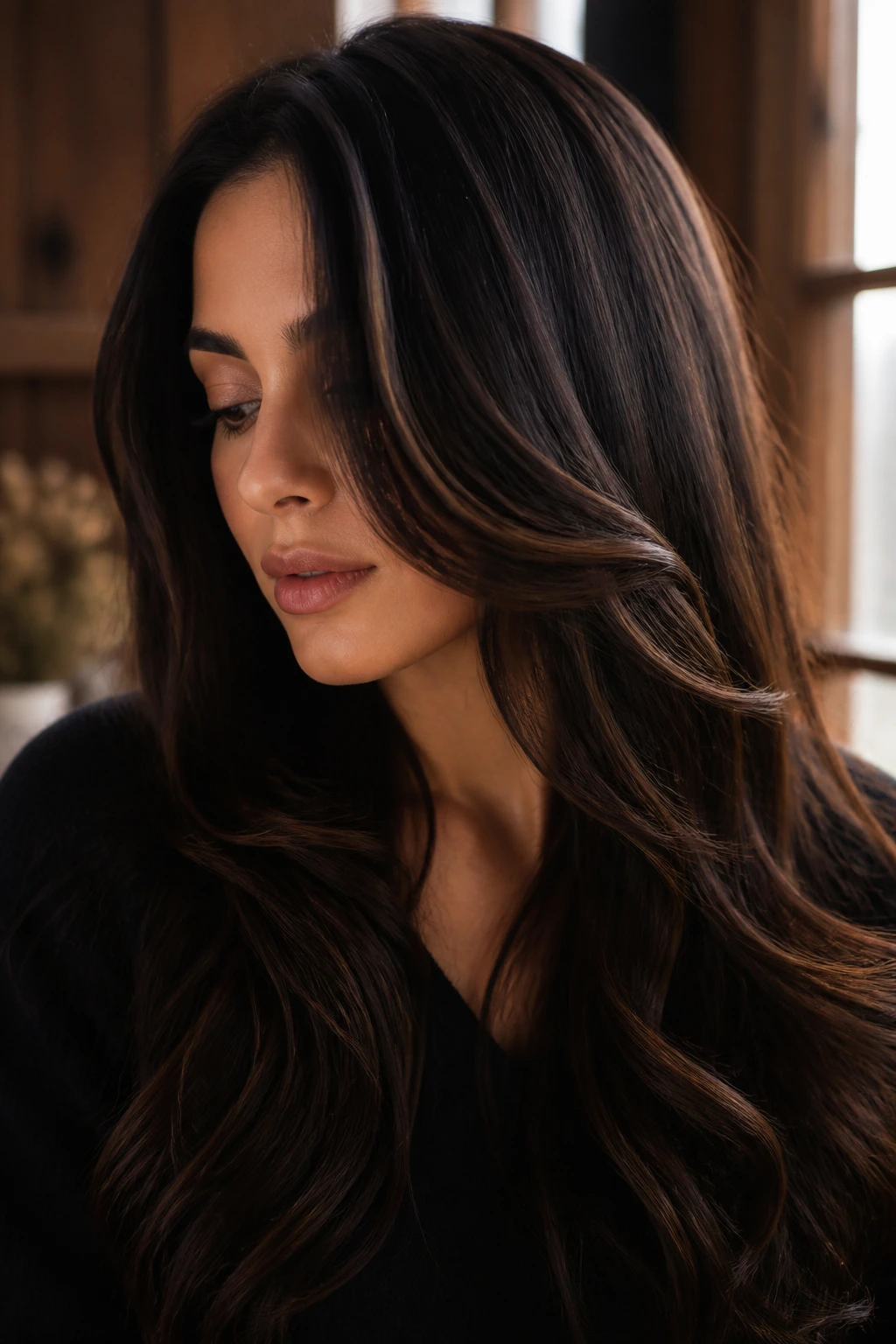 Close-up portrait of a very dark brunette with walnut ribbons and warm highlights.