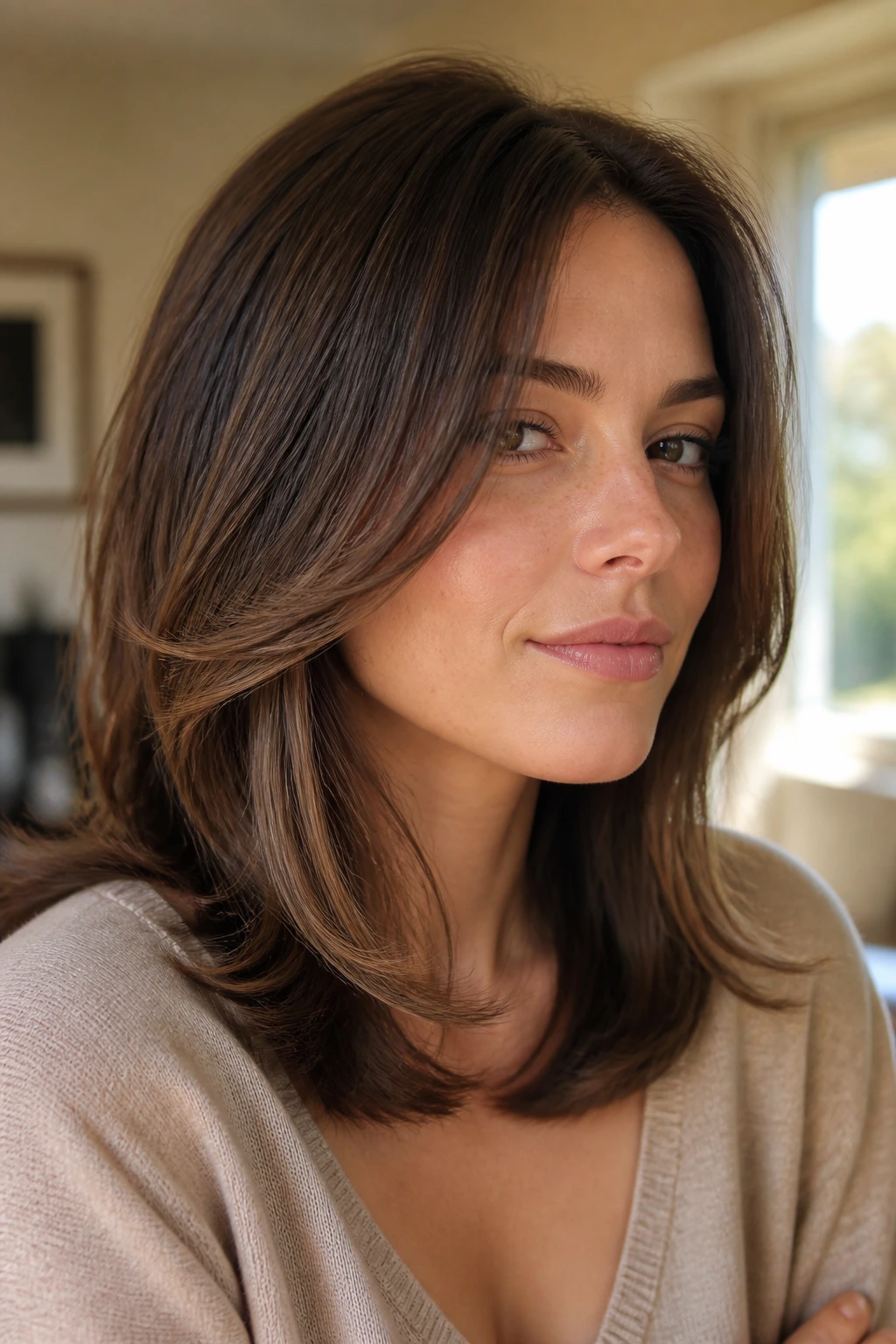 Close-up portrait of a woman with walnut rounded layers.