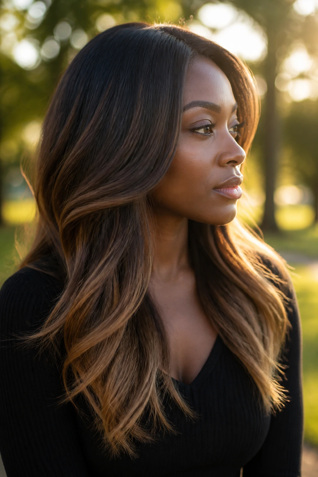 Close-up side profile of a real woman showing walnut shadow root and tan ends
