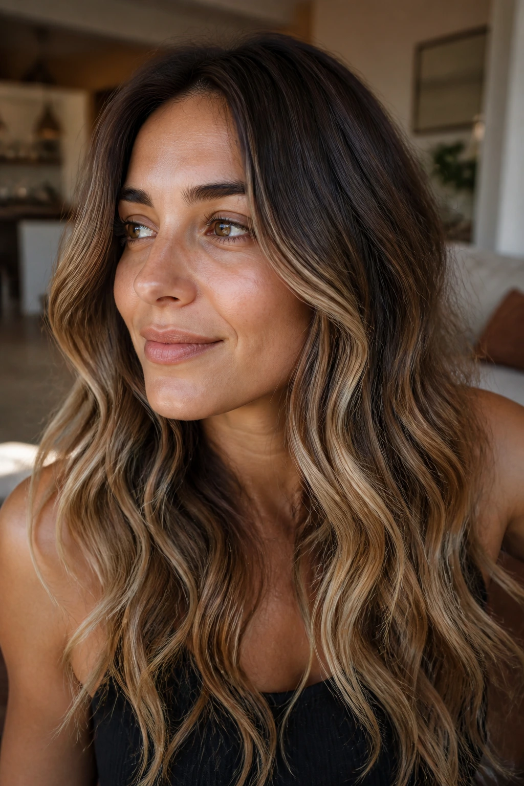 Close-up of a real woman with walnut shadow roots and luminous ends in warm natural light