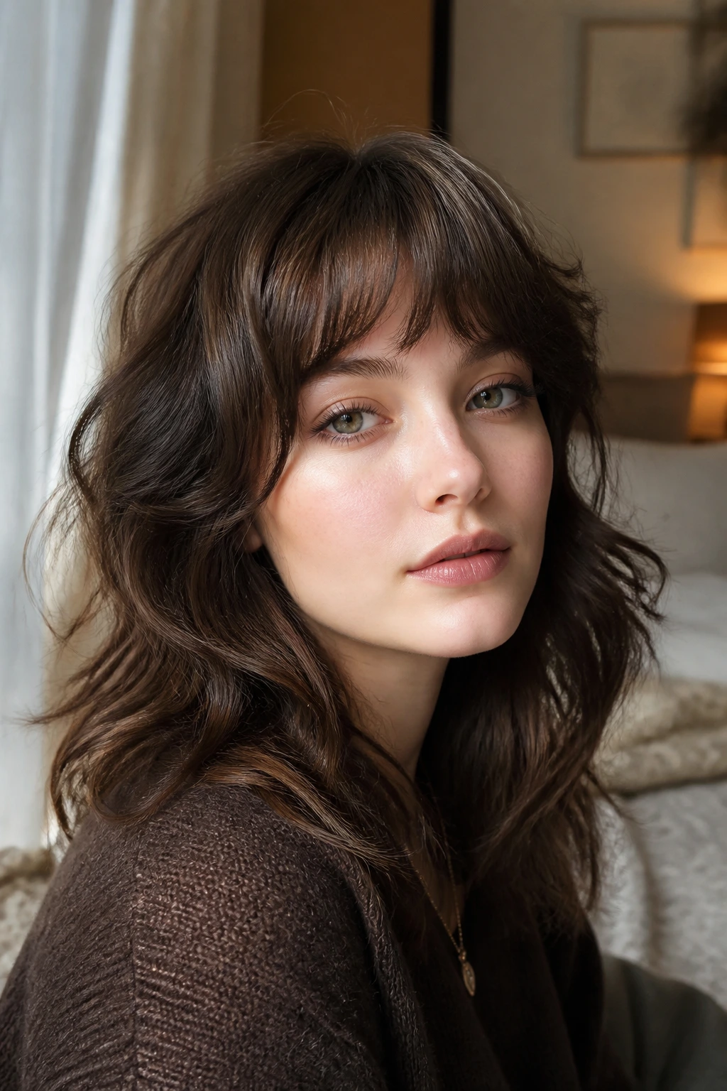 Close-up portrait of a real woman with walnut shag and soft bangs, wavy brunette hair framing pale skin.