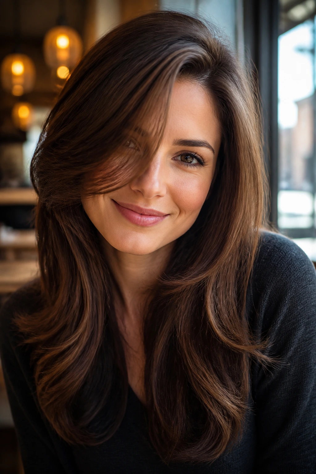 Close-up of walnut brown hair with a deep side part and side-swept layers