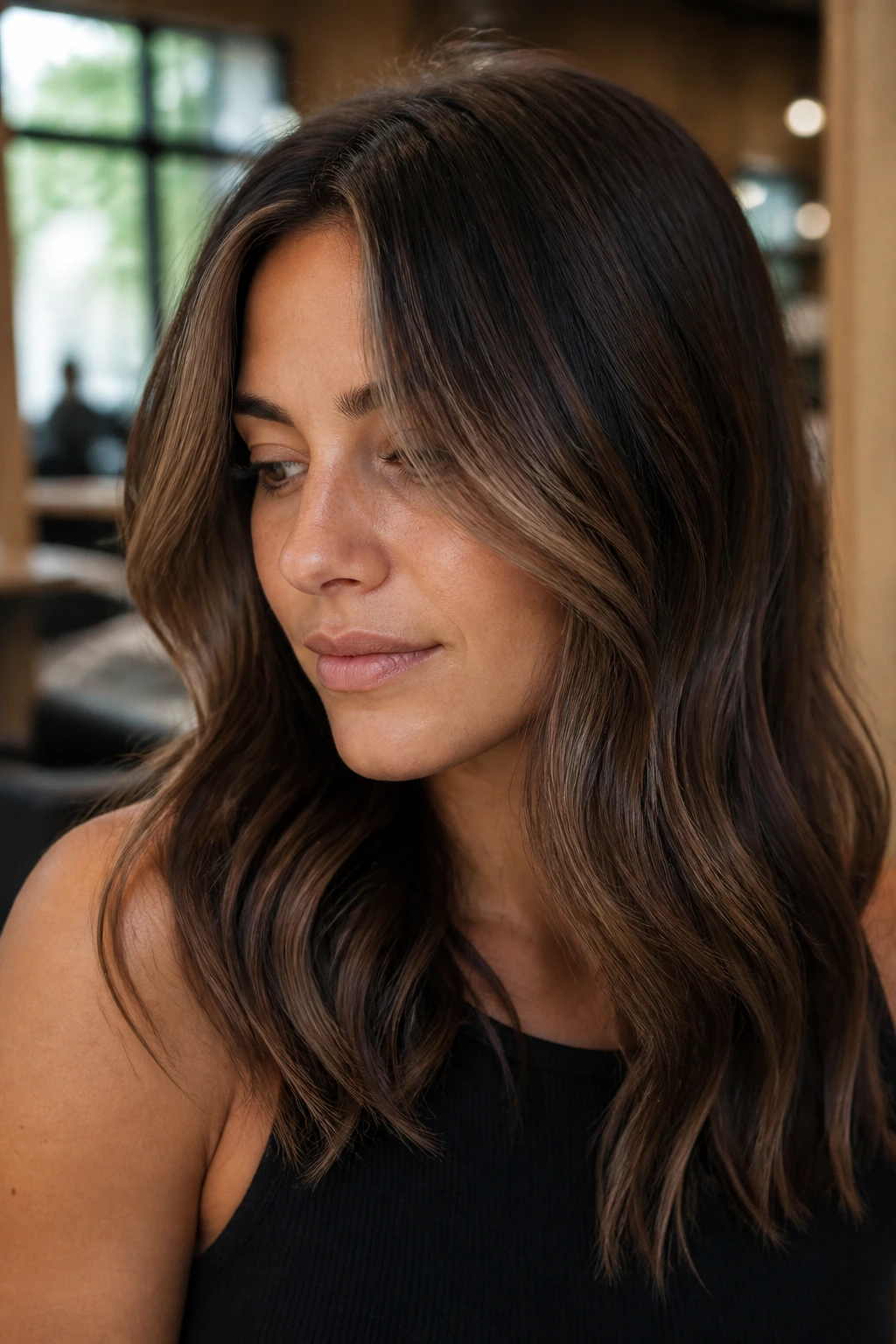 Portrait of brunette with walnut smoke lowlights framing the face in warm window light