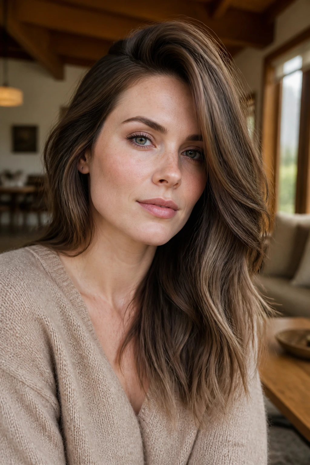 Close-up portrait of a real woman with walnut smoke balayage on pale skin and a square face, smoky ribbons near outer edges.