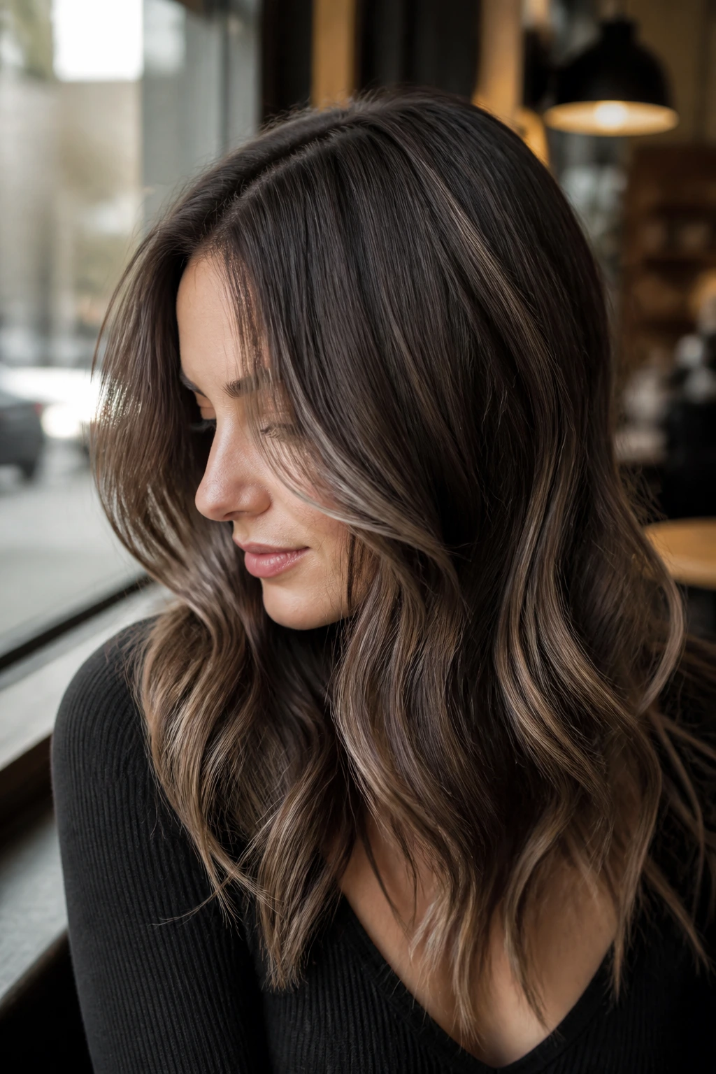 Close-up of Walnut Smoke Balayage on thin dark hair with waves in a cafe setting