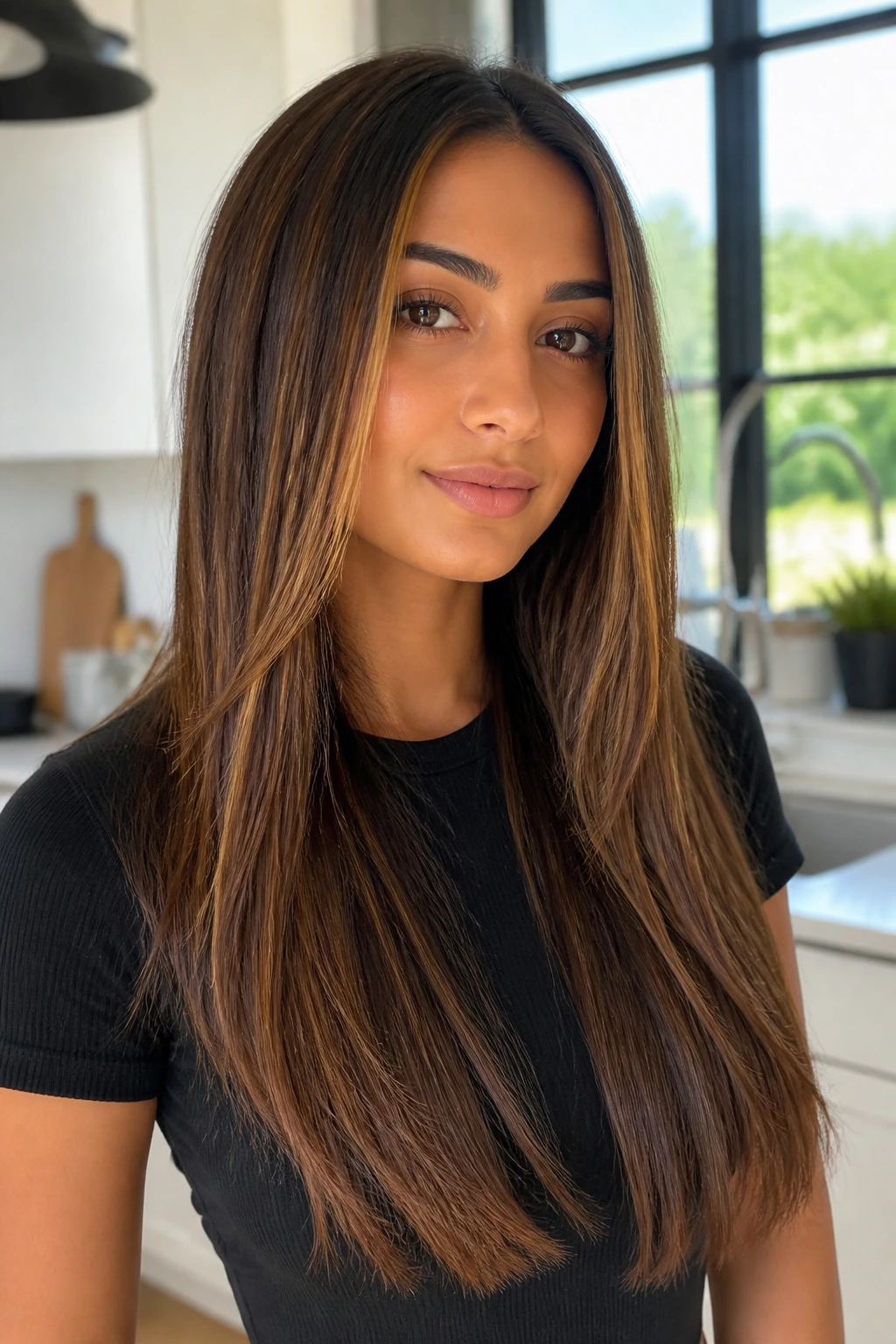 Close-up portrait of a real woman with walnut streaks in straight long-layered hair
