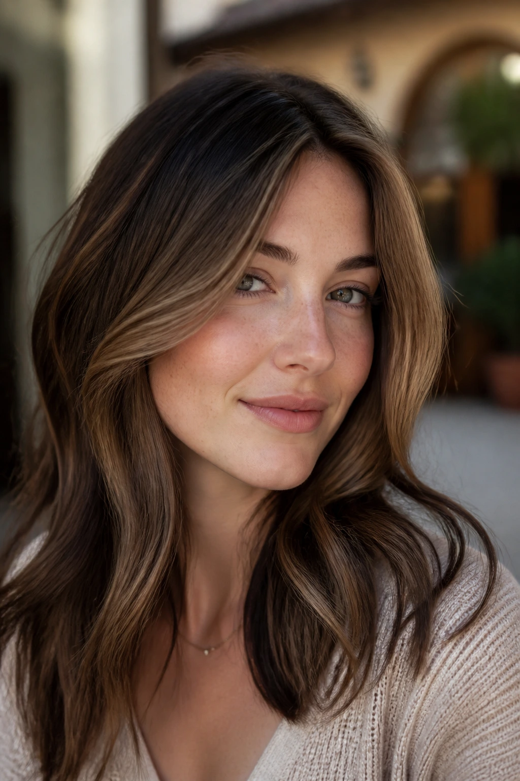 Portrait of a real woman with walnut sweep highlights sweeping from the part to the shoulders