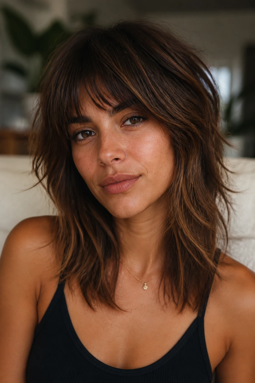 Close-up of a real person with walnut toffee shag hair