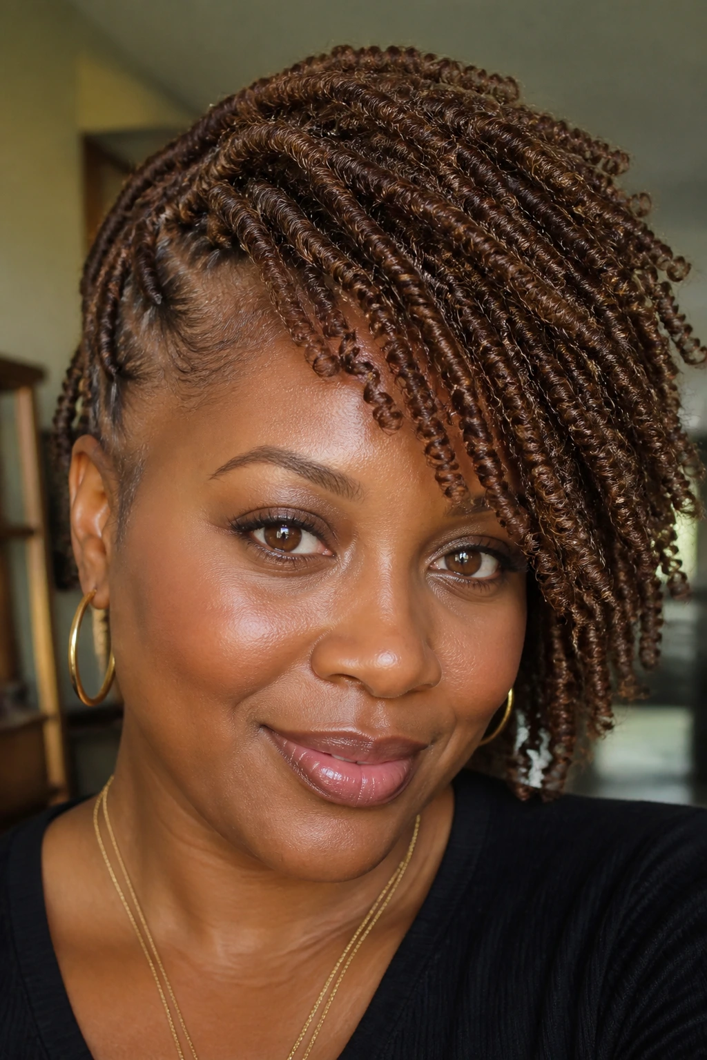 Close-up portrait of a real person with walnut twist-out and side-swept fringe.