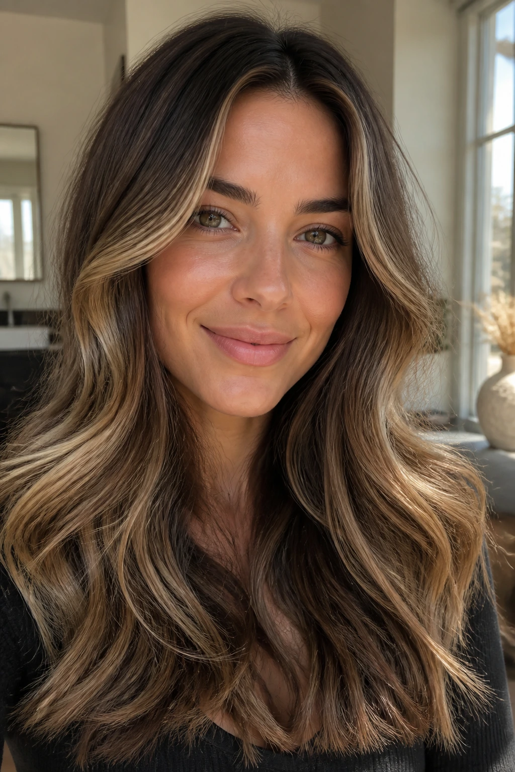 Close-up of dark hair with walnut base and wheat balayage for sun-kissed dimension