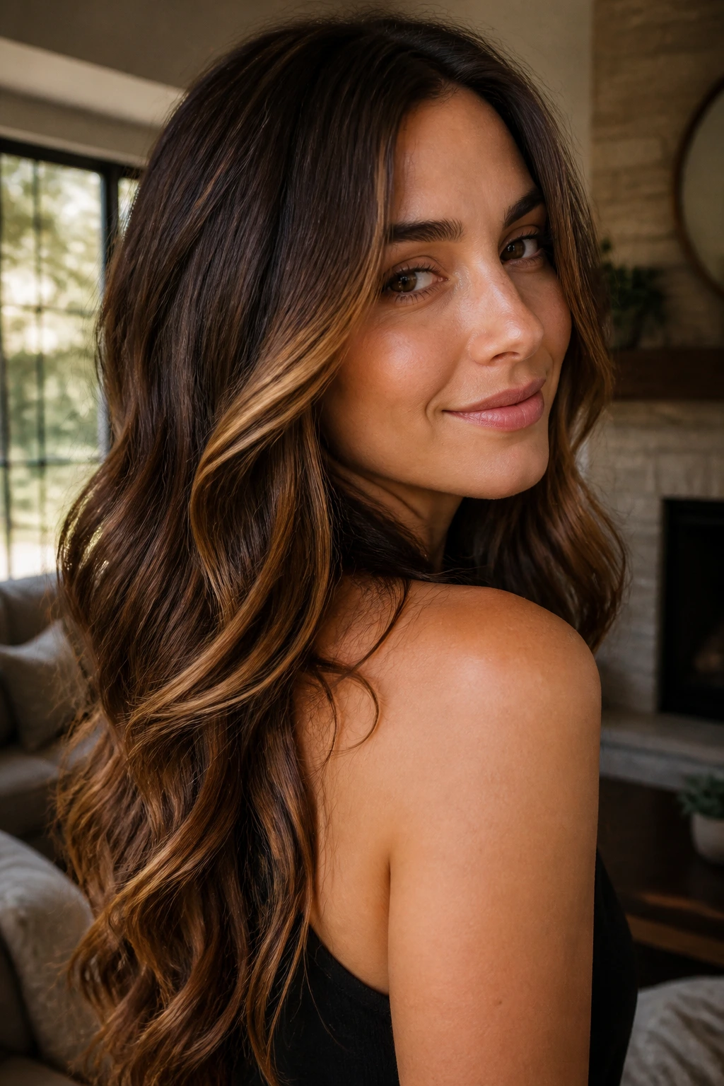 Close-up of a real woman with walnut and whiskey hair and amber highlights in warm light