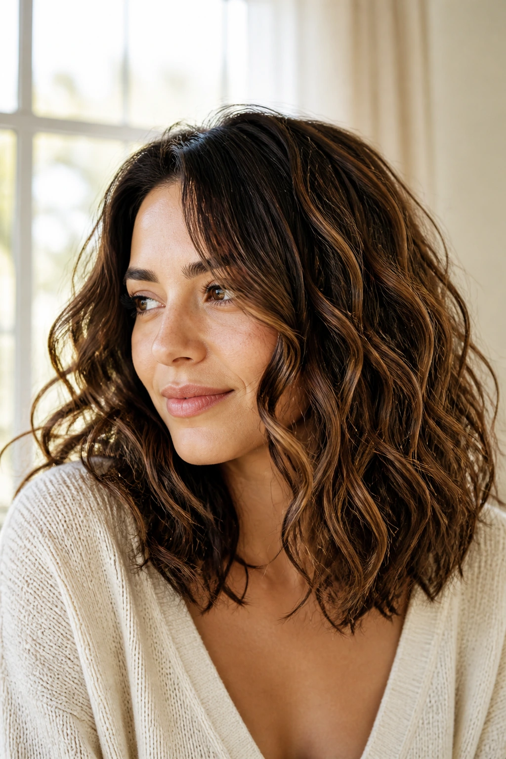 Close-up portrait of a real woman with walnut brown hair and warm lowlights on beachy waves