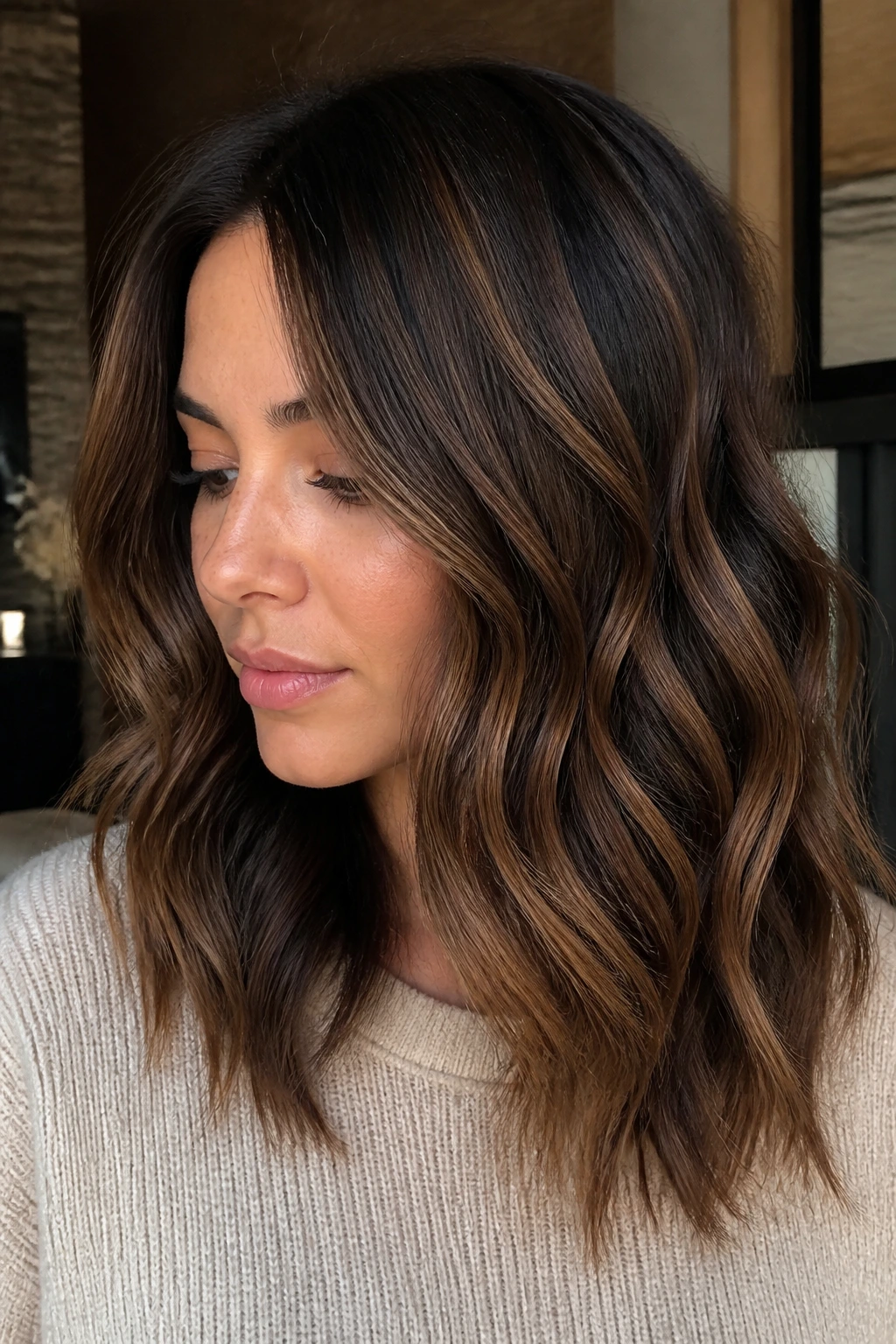 Real person with walnut lattice highlights in wavy dark hair