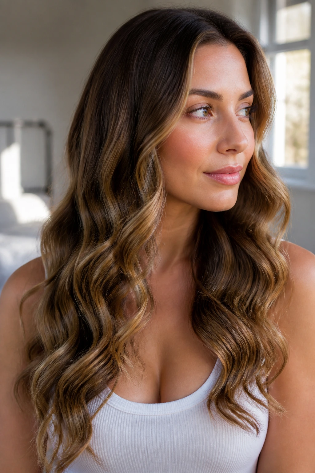 Close-up portrait of a real woman with wand curls cascading over shoulders