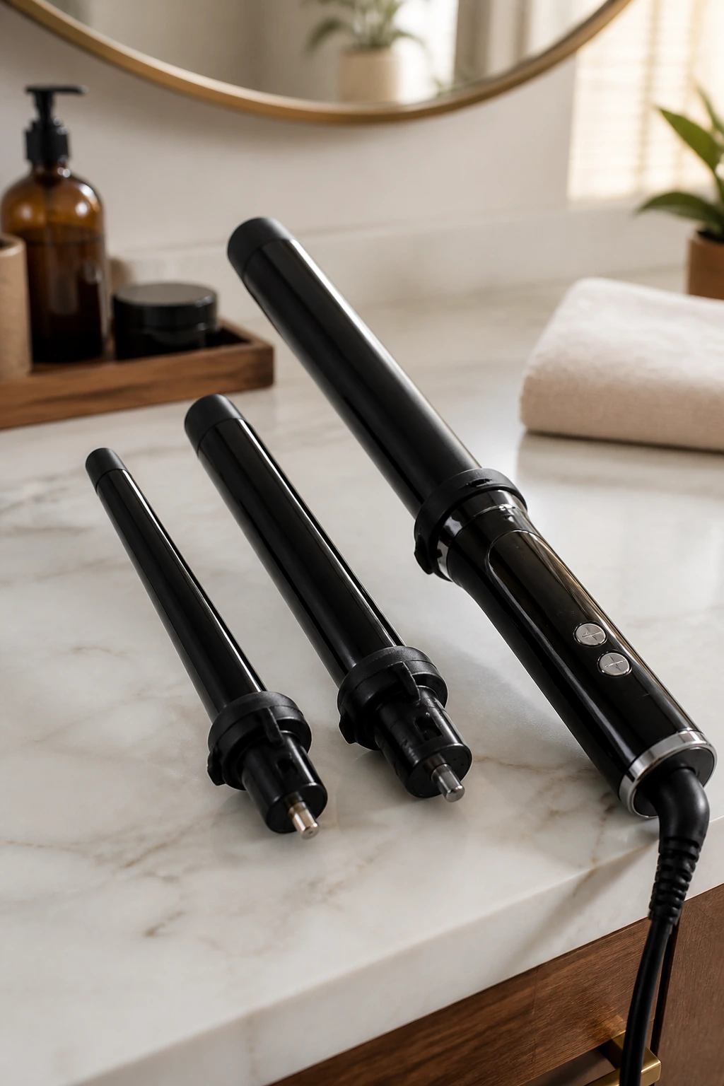 Close-up of curling wand with interchangeable barrels in a bathroom setting