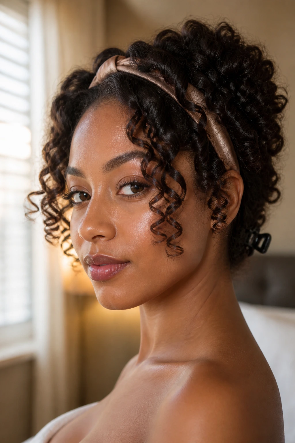 Close-up of a real woman with accessory-forward wand curls, headband and clip
