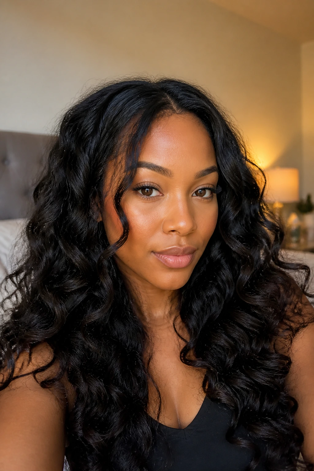 Close-up portrait of a real woman with long layered wand curls and slim front pieces framing her face