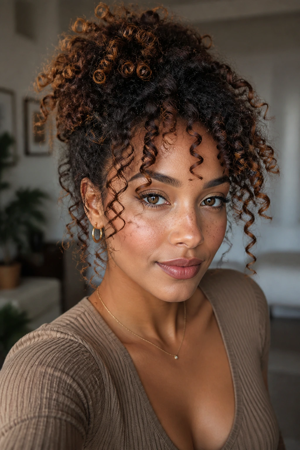 Close-up portrait of a real person with wand curls framing the face