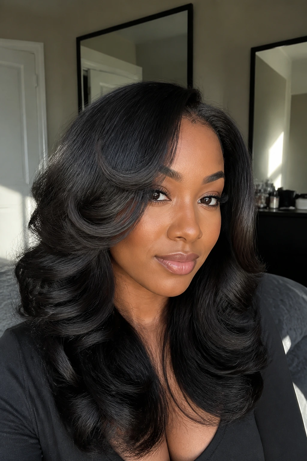Close-up of a real person with wand curls on a silk-pressed hair, layered framing the face