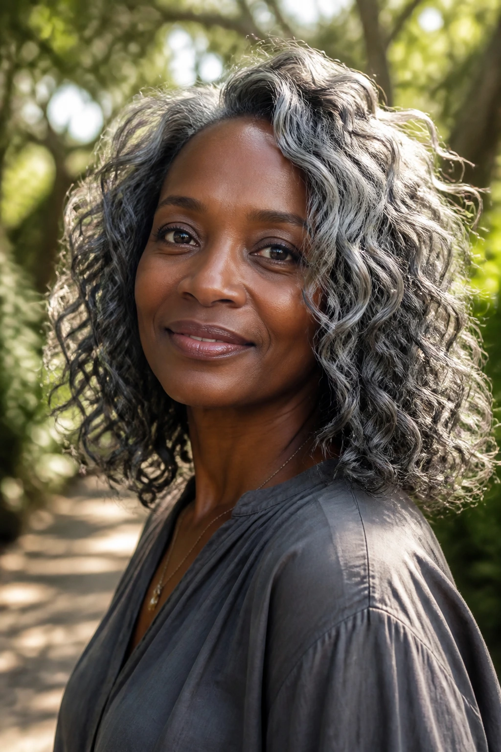 Close-up portrait of a real person with shoulder-length wand curls in steel gray, outdoors.