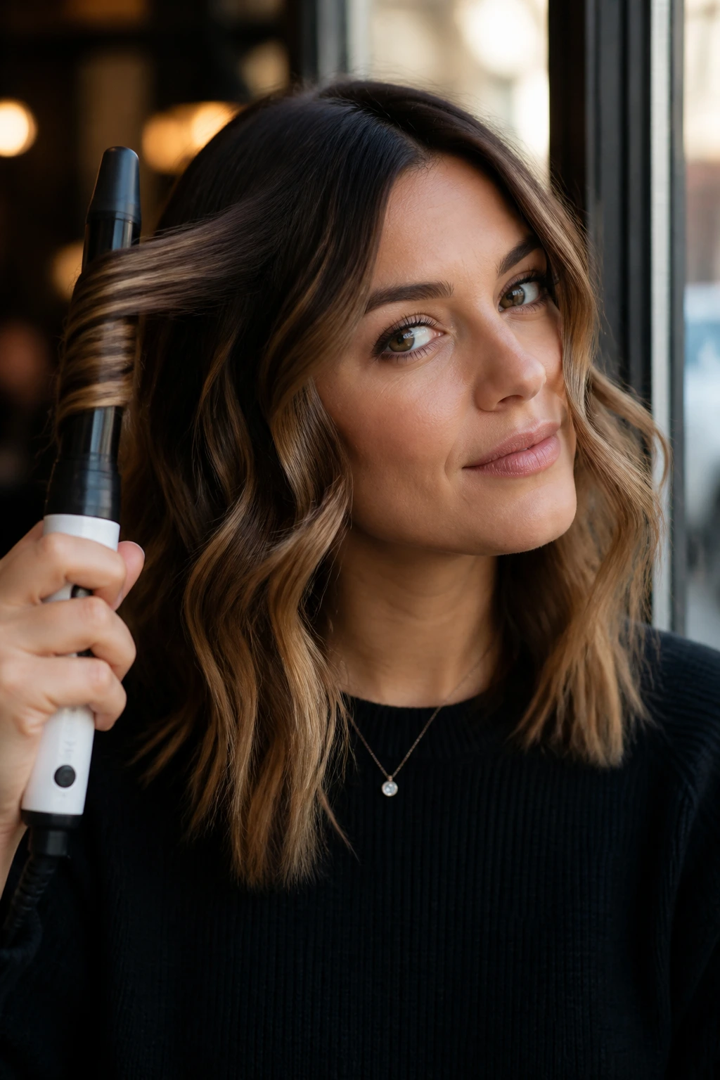 Close-up of a woman with wand-wrapped waves and straight-ended tips