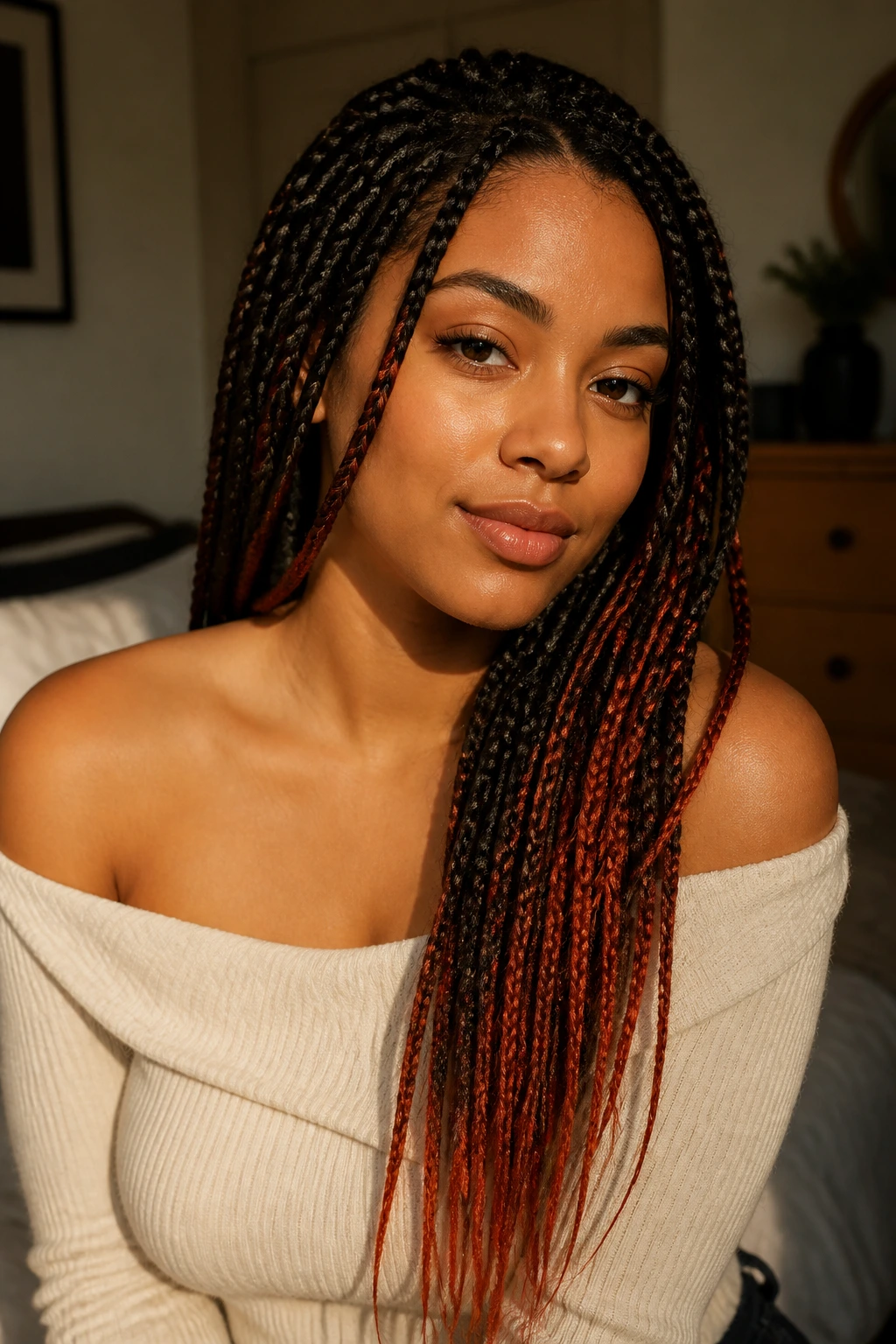 Real person with copper-tipped braids paired with a cream top