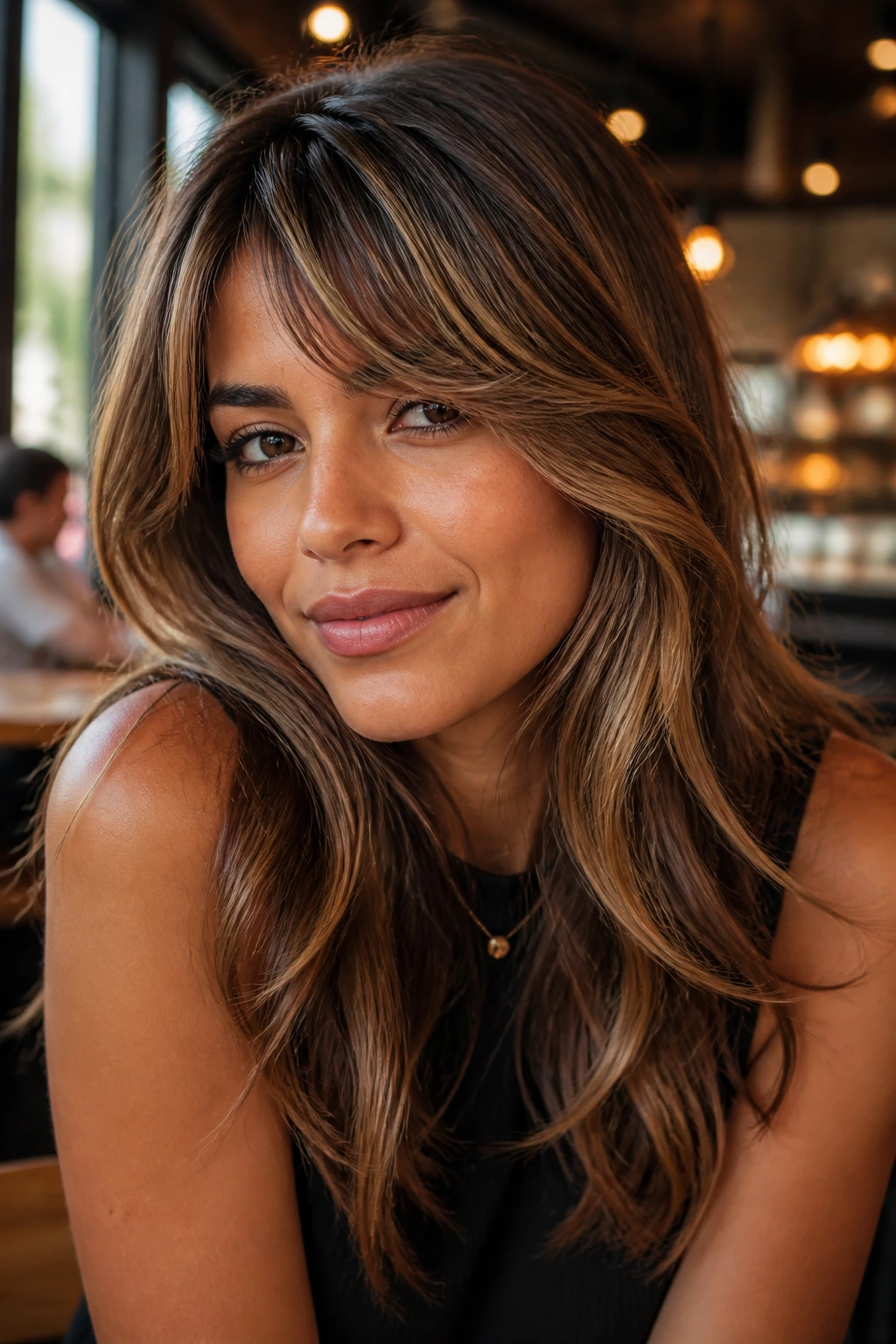 Close-up portrait of a real woman with warm almond glow around bangs on tan skin.