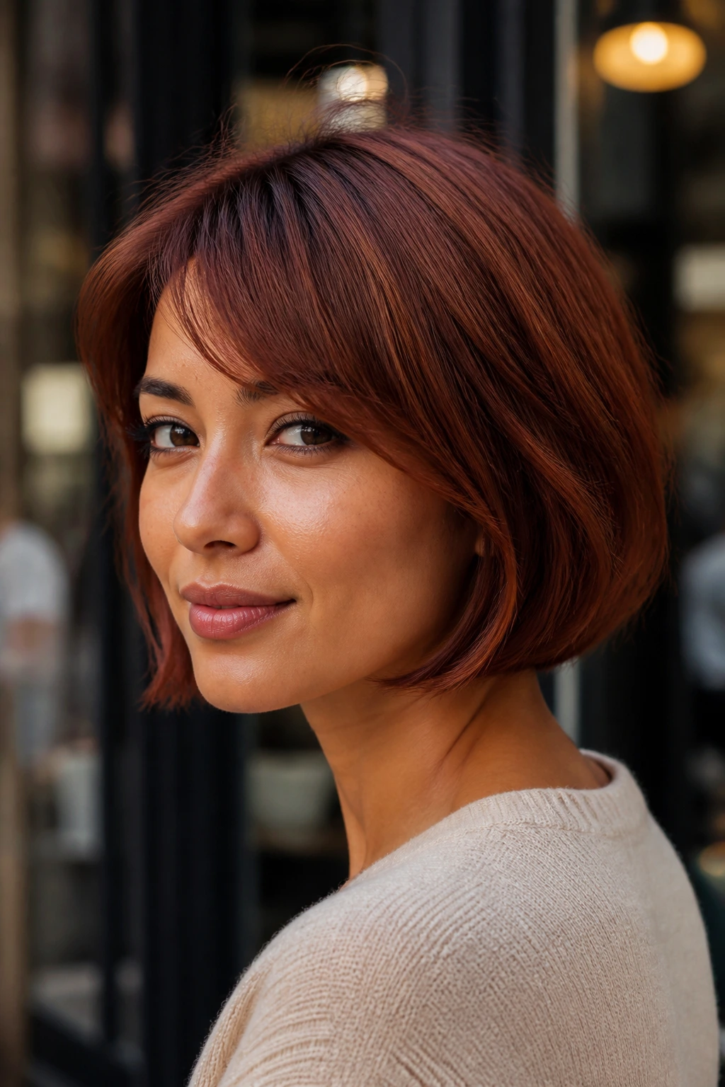 Close-up of a real woman with a warm auburn French bob and side-swept fringe