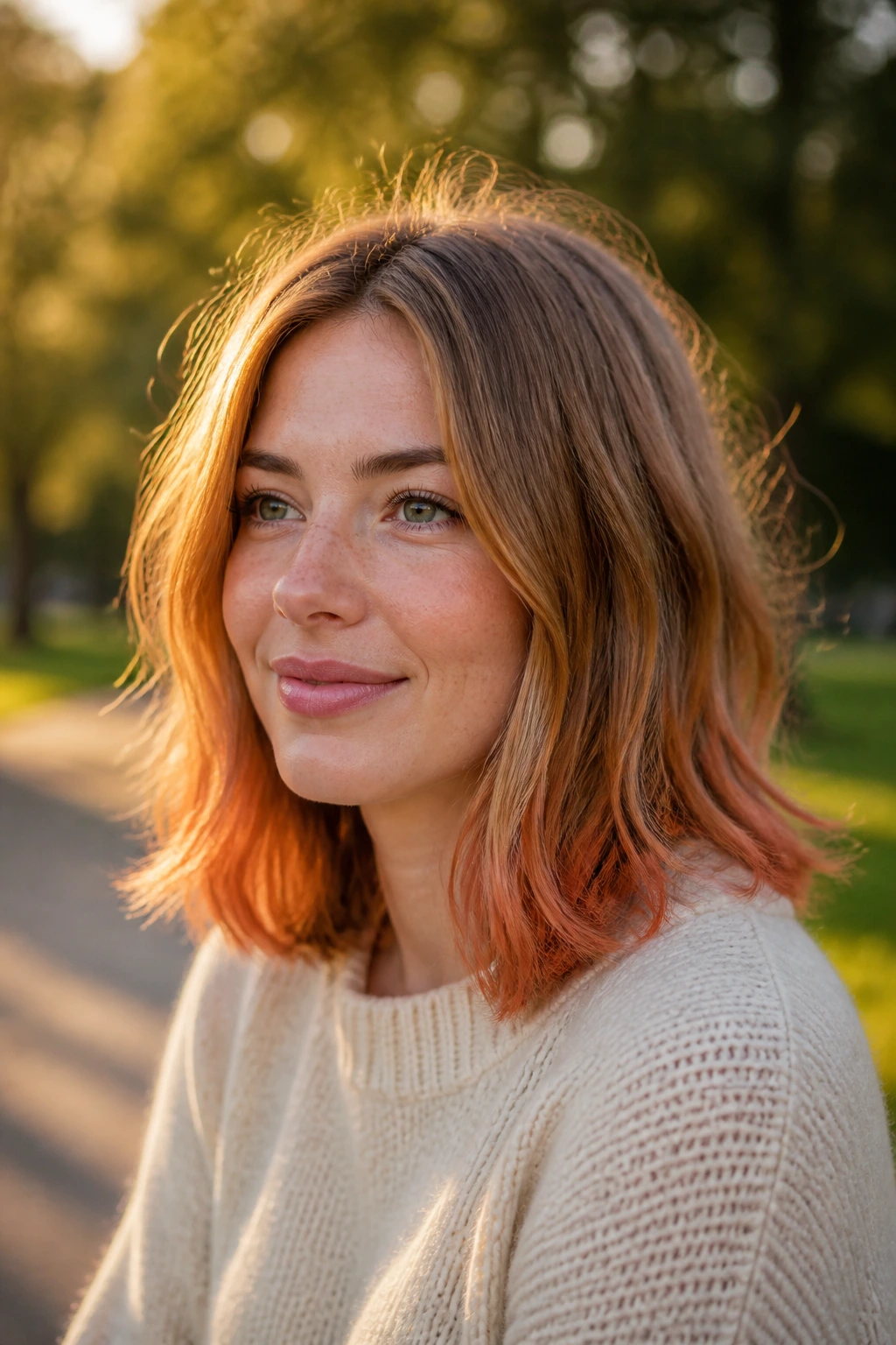 Close-up portrait of a real woman with warm auburn strawberry ends