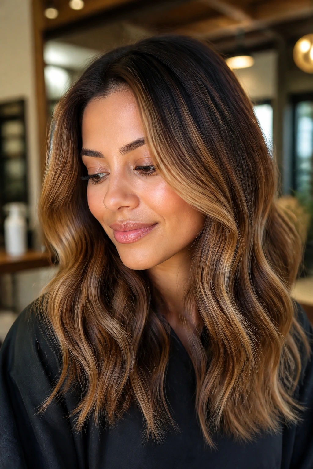 Close-up portrait of a person with warm-toned balayage around the face