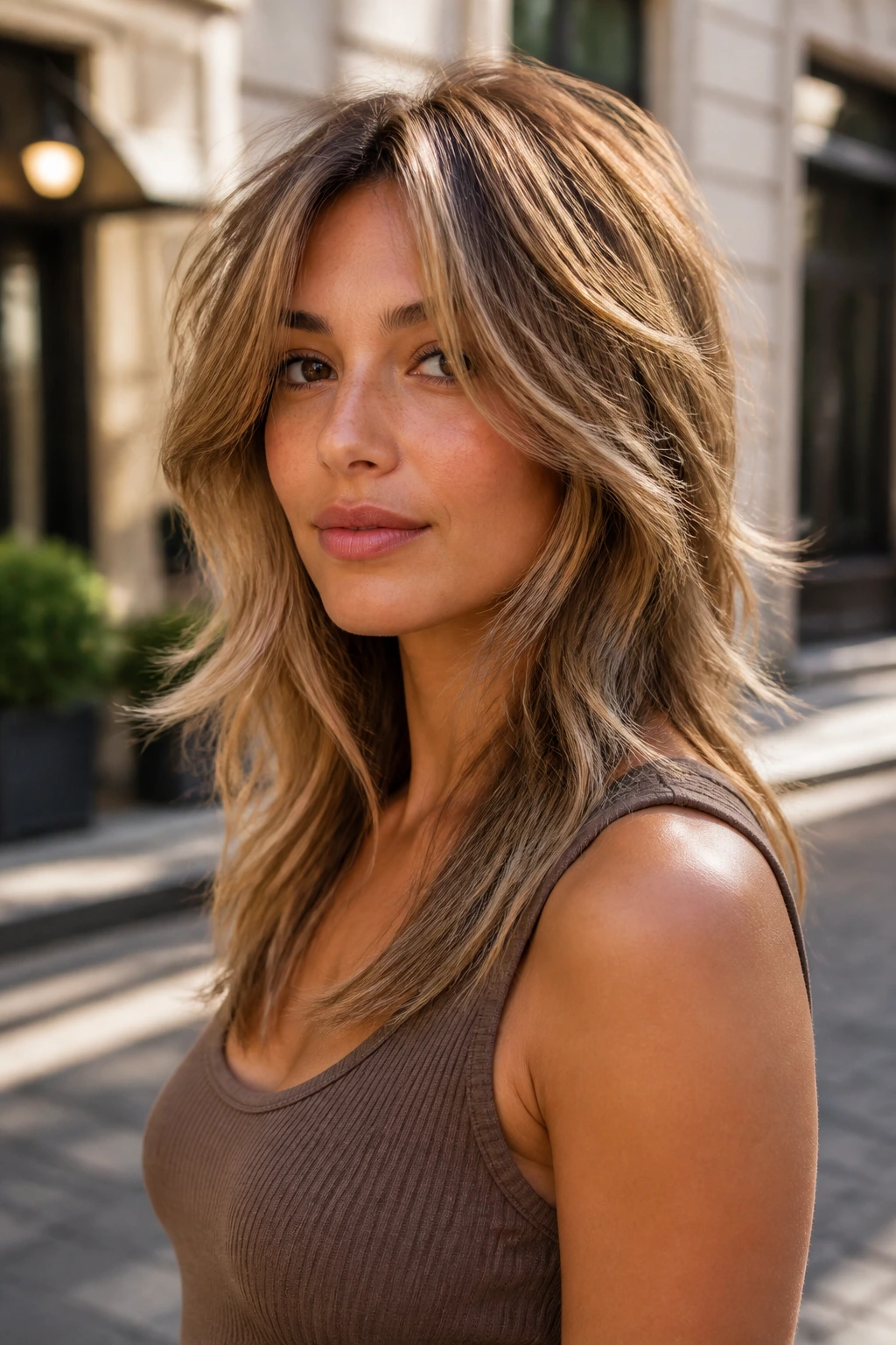 Real woman with warm balayage wolf cut in a city backdrop