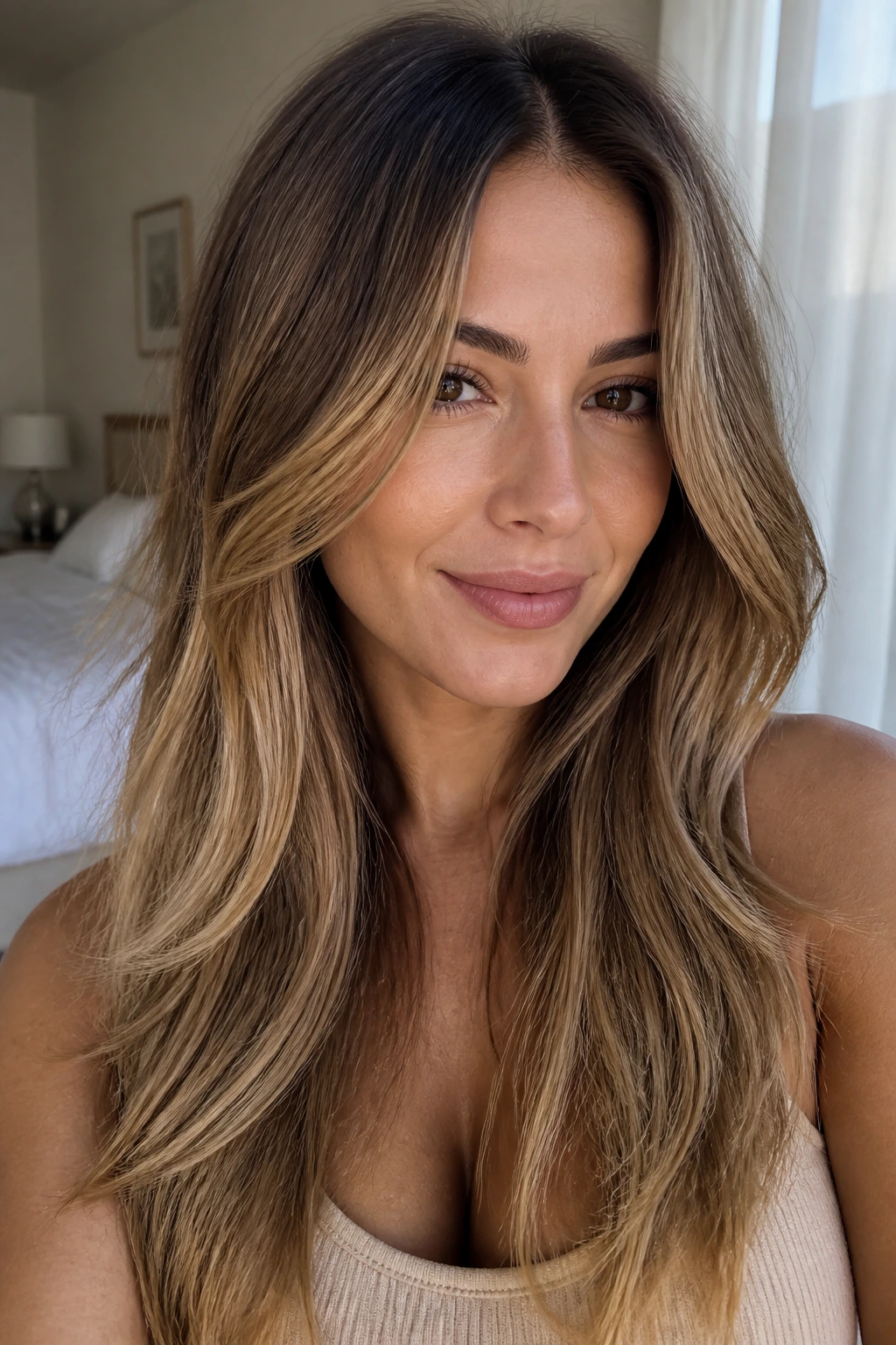 Close-up of a woman with long layered hair and warm beige balayage in a bright room