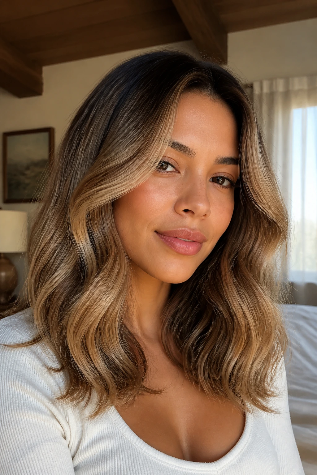Close-up portrait of a real woman with warm beige balayage and mid-length bend.