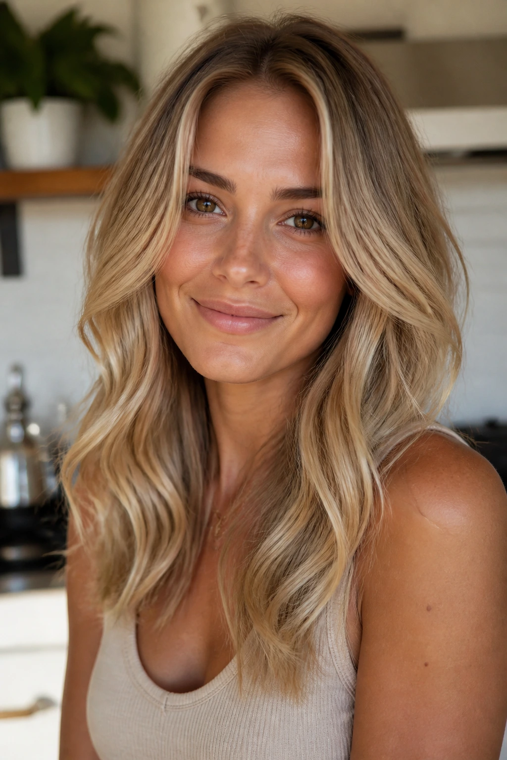 Close-up of a real woman with Warm Beige Blonde hair on warm skin.
