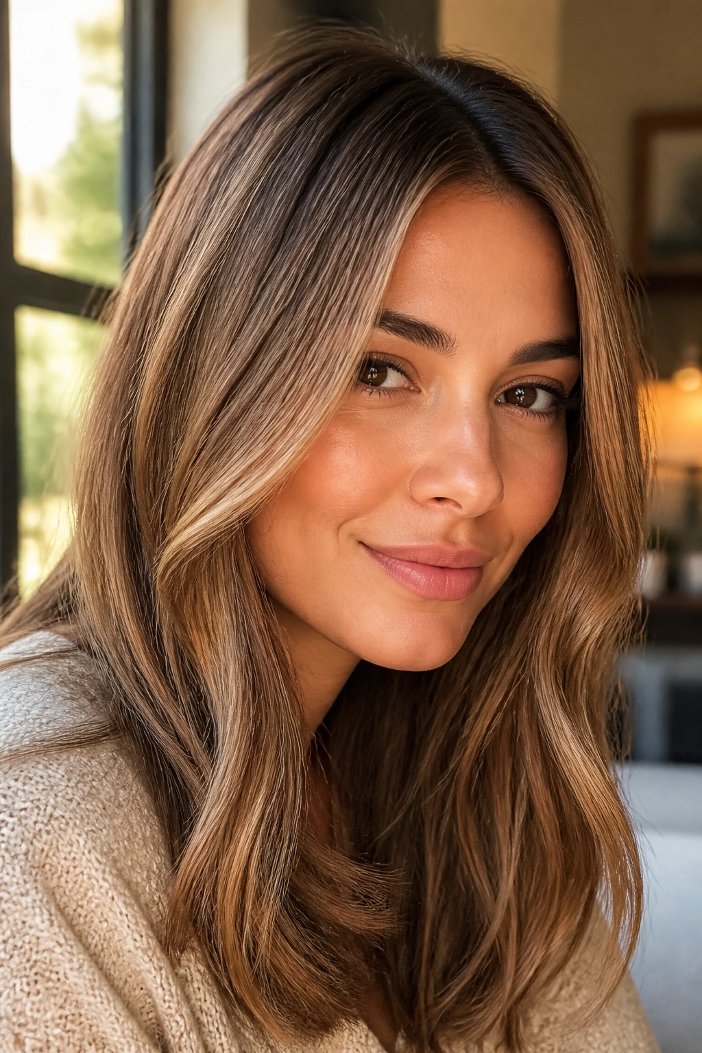 Close-up of real person with warm beige caramel hair, soft glow on face.