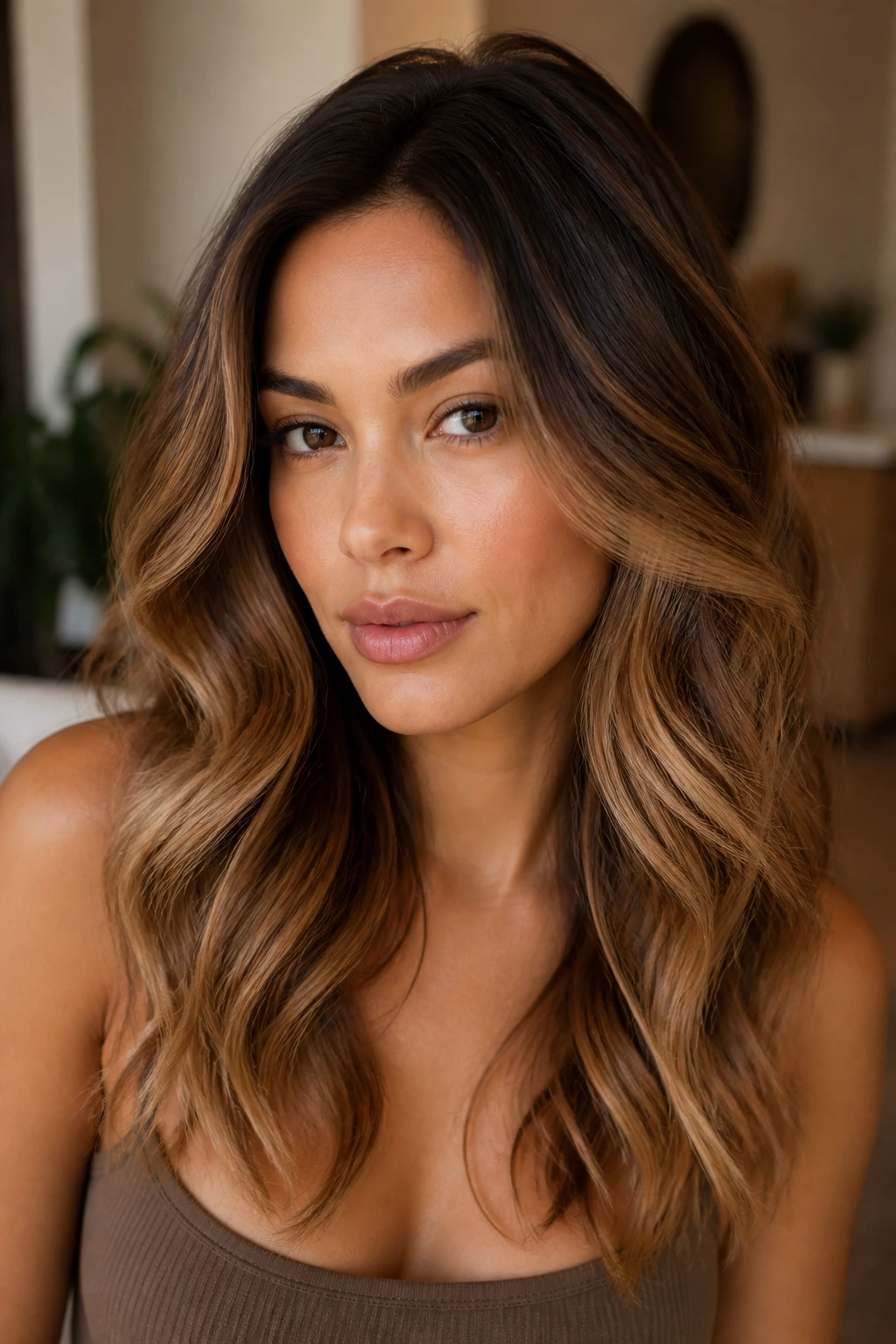 Close-up of a real woman with warm beige caramel hair fading from root to ends