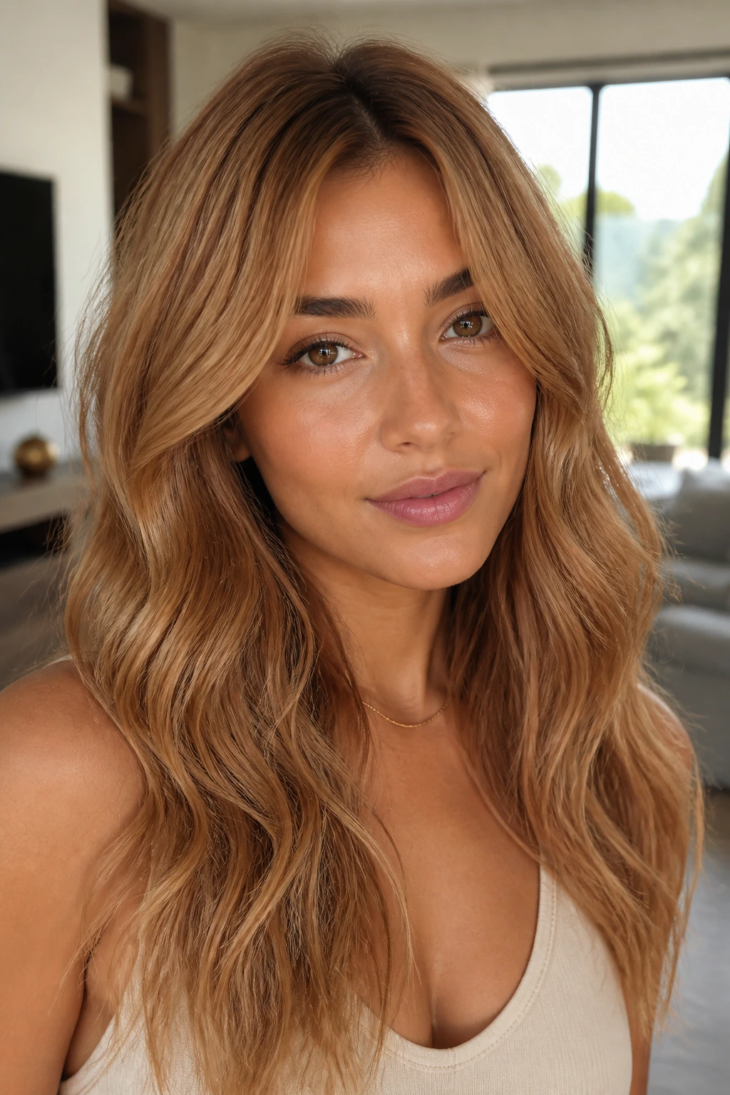 Close-up of a real woman with warm beige copper hair in soft waves, natural daylight
