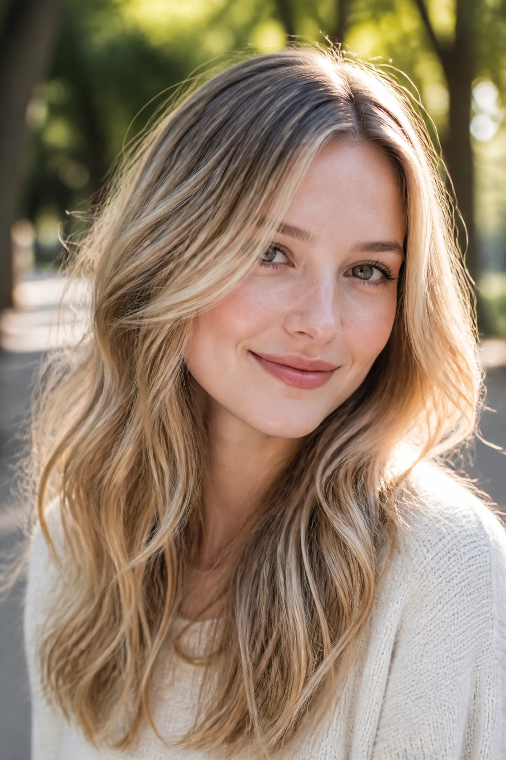 Close-up portrait of a real woman with warm beige lowlights blonde in a park setting