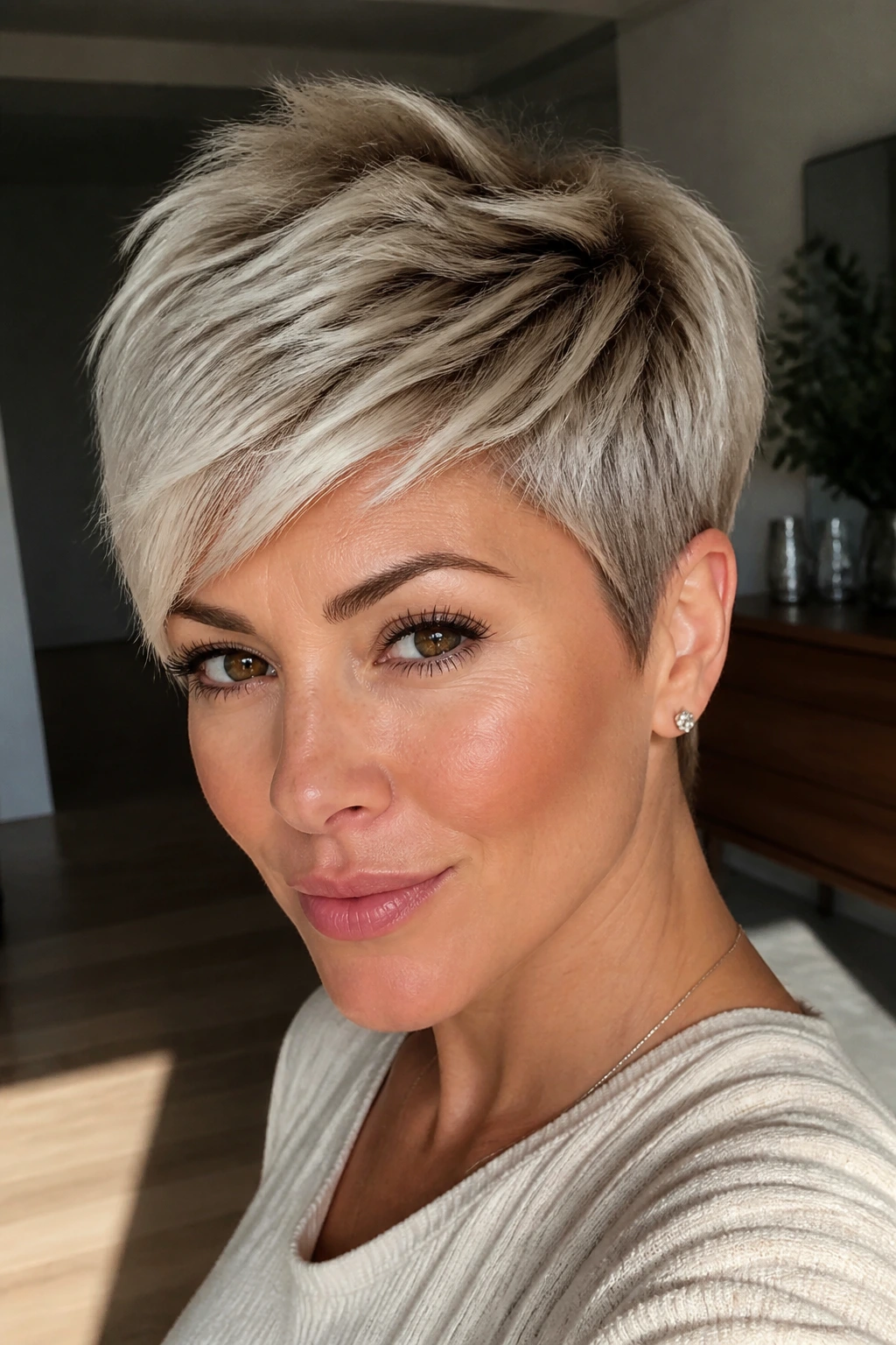 Warm beige pixie melt on a real person in warm light
