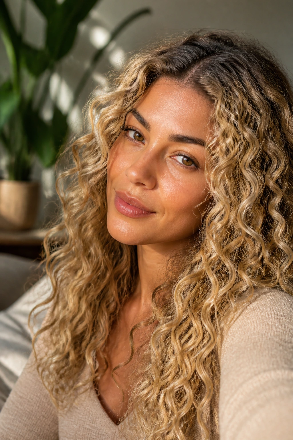 Close-up of real woman with warm beige rooted curls on olive skin in bright sunlit room