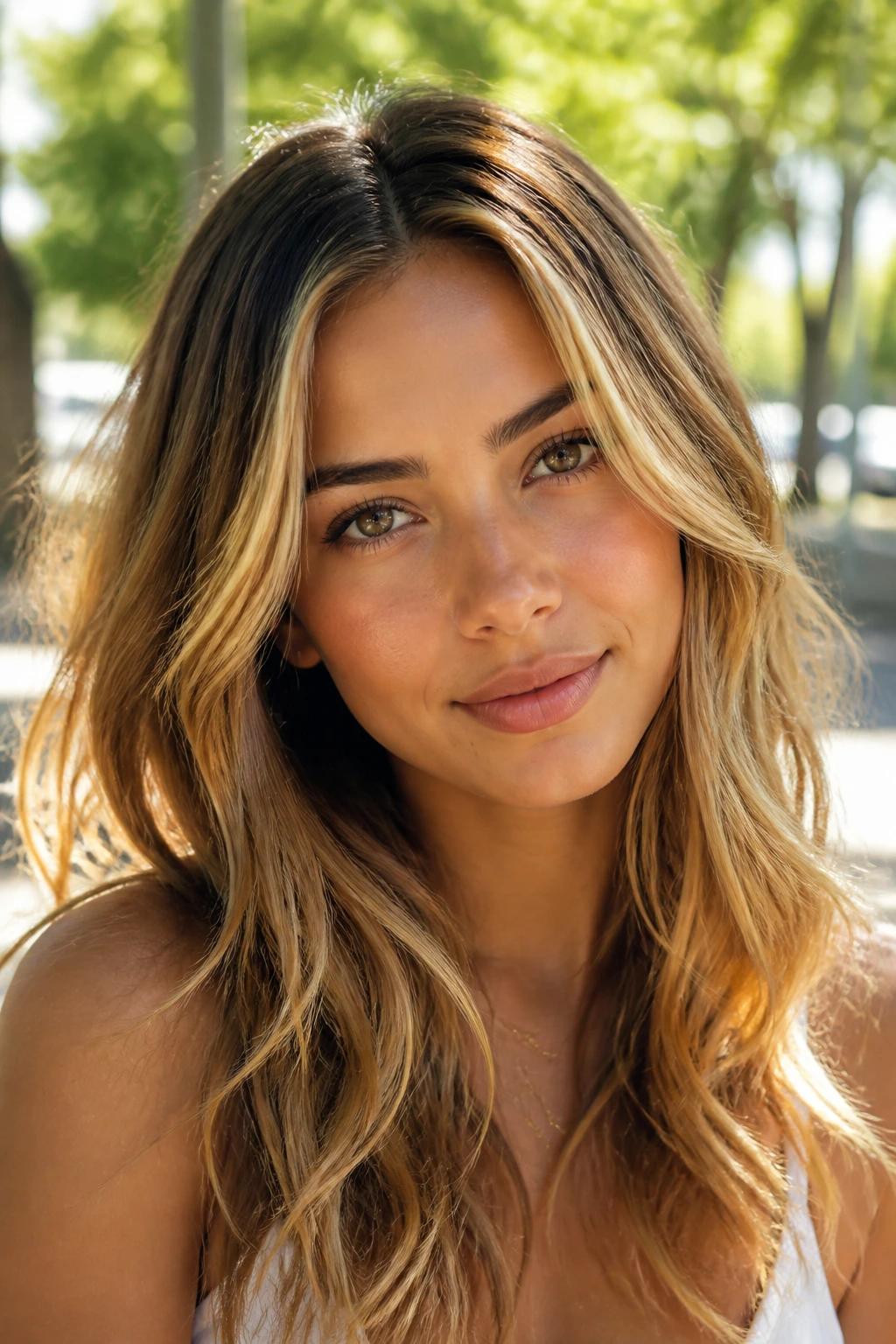 Portrait of warm blonde hair with darker roots and bright face frame in sun