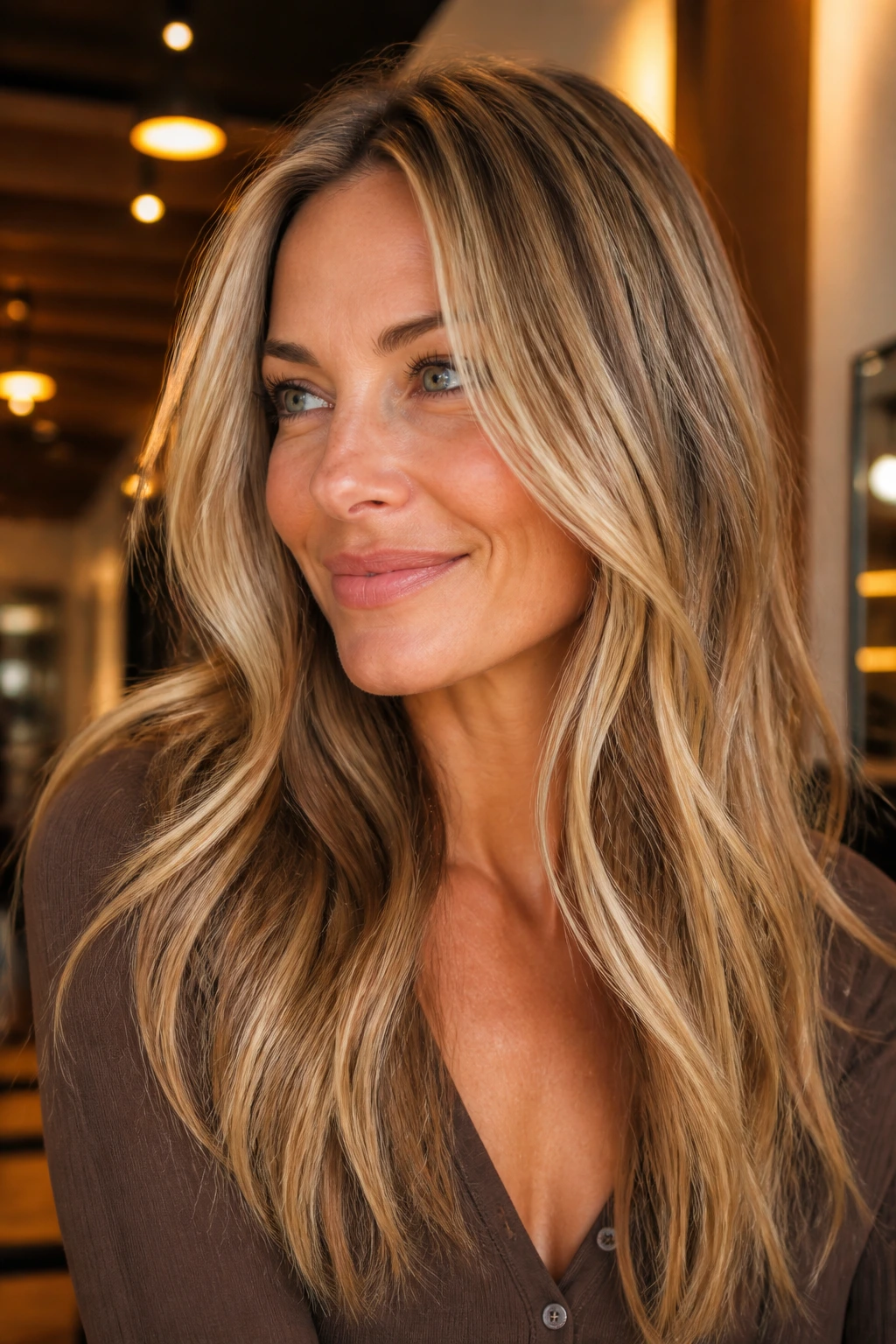 Close-up portrait showing depth in warm blonde hair under warm lighting