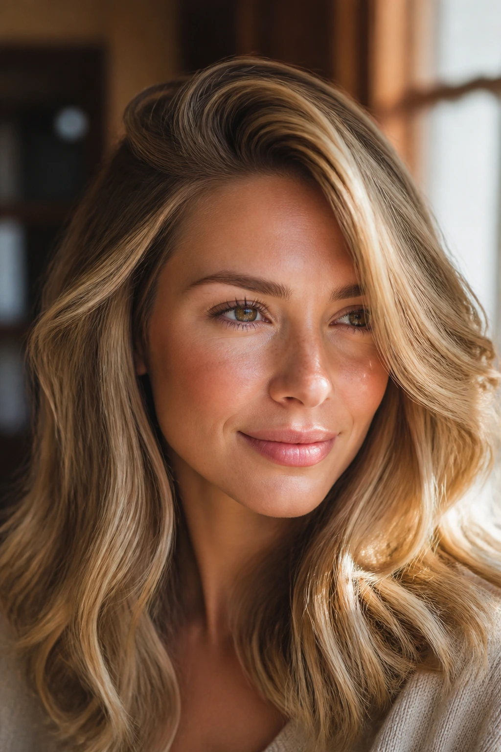 Close-up portrait of a real woman with warm blonde hair featuring face-framing highlights and a side part in warm window light.