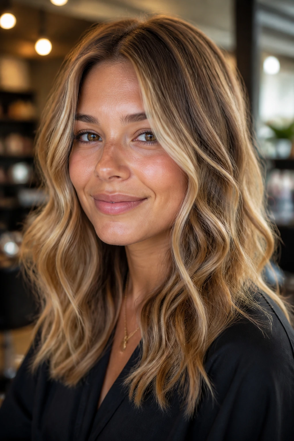 Close-up portrait of a real woman showing warm honey caramel blonde highlights with soft waves.