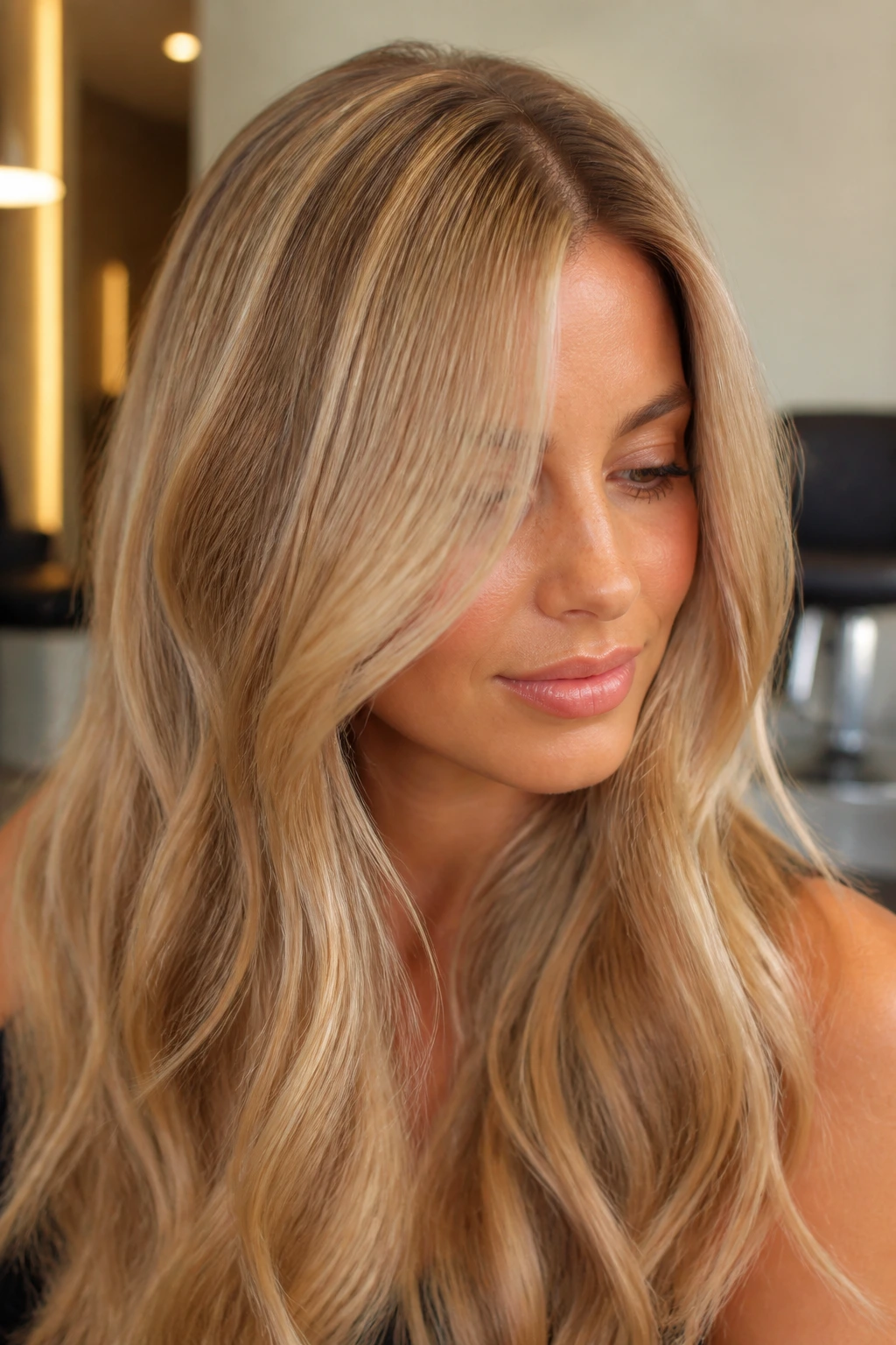 Close-up portrait of a real woman with warm blonde hair and beige lowlights, glossy and dimensional