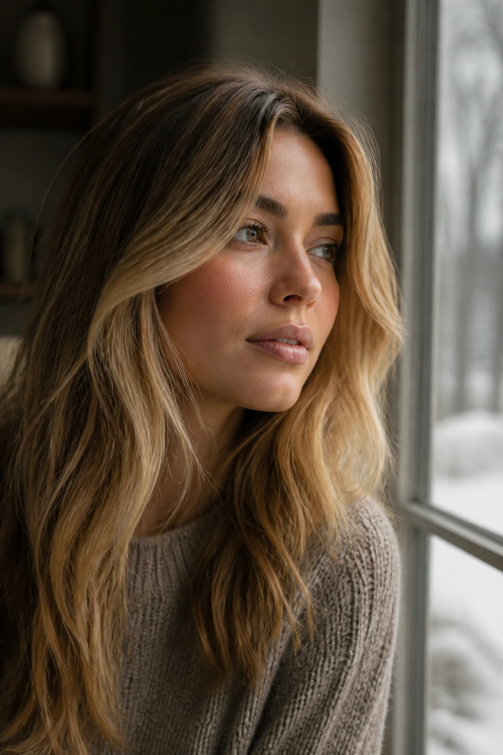 Close-up of a person with warm honey blonde hair in gray winter light.
