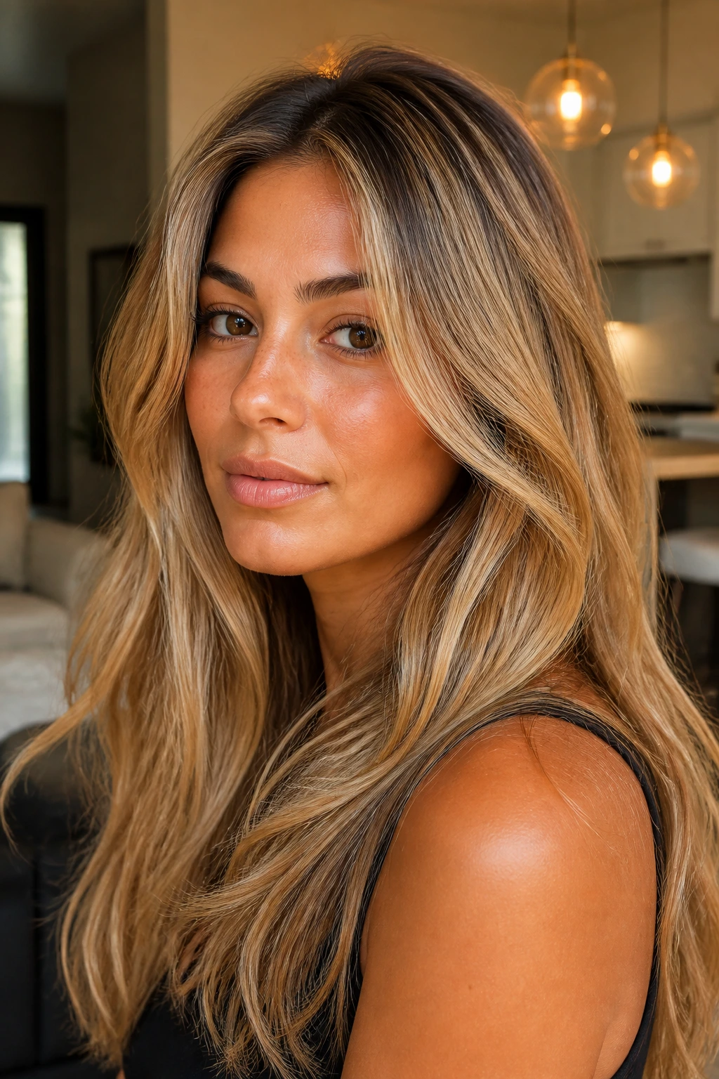 Close-up of warm caramel blonde with soft grow-out at roots on a real woman