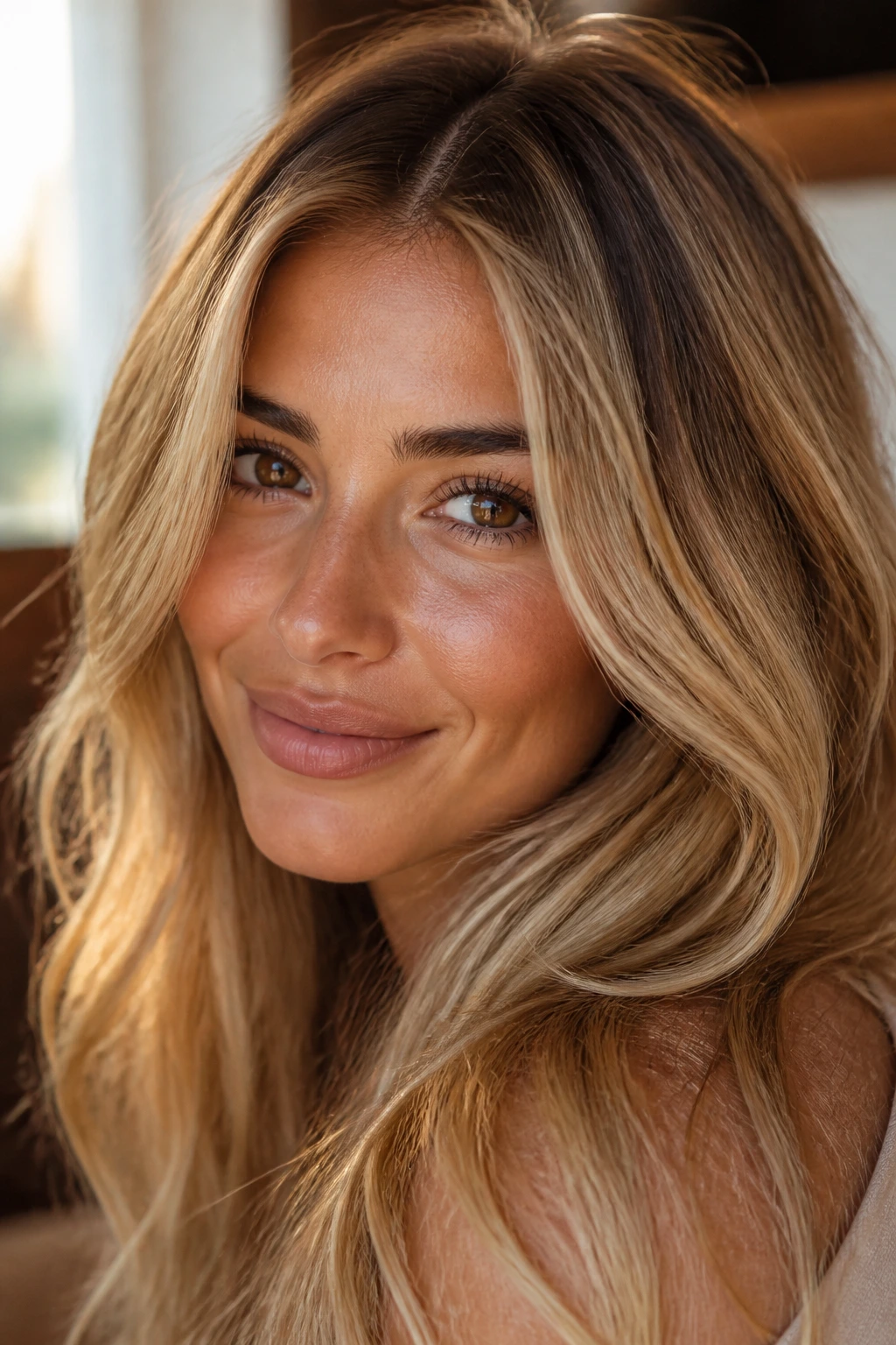 Close-up portrait of a real woman with warm blonde hair showing depth and shine in natural window light